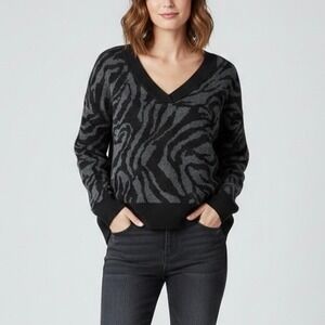 Naadam Wool Cashmere V-Neck Knit Sweater Grey Black Abstract Tiger Print XS